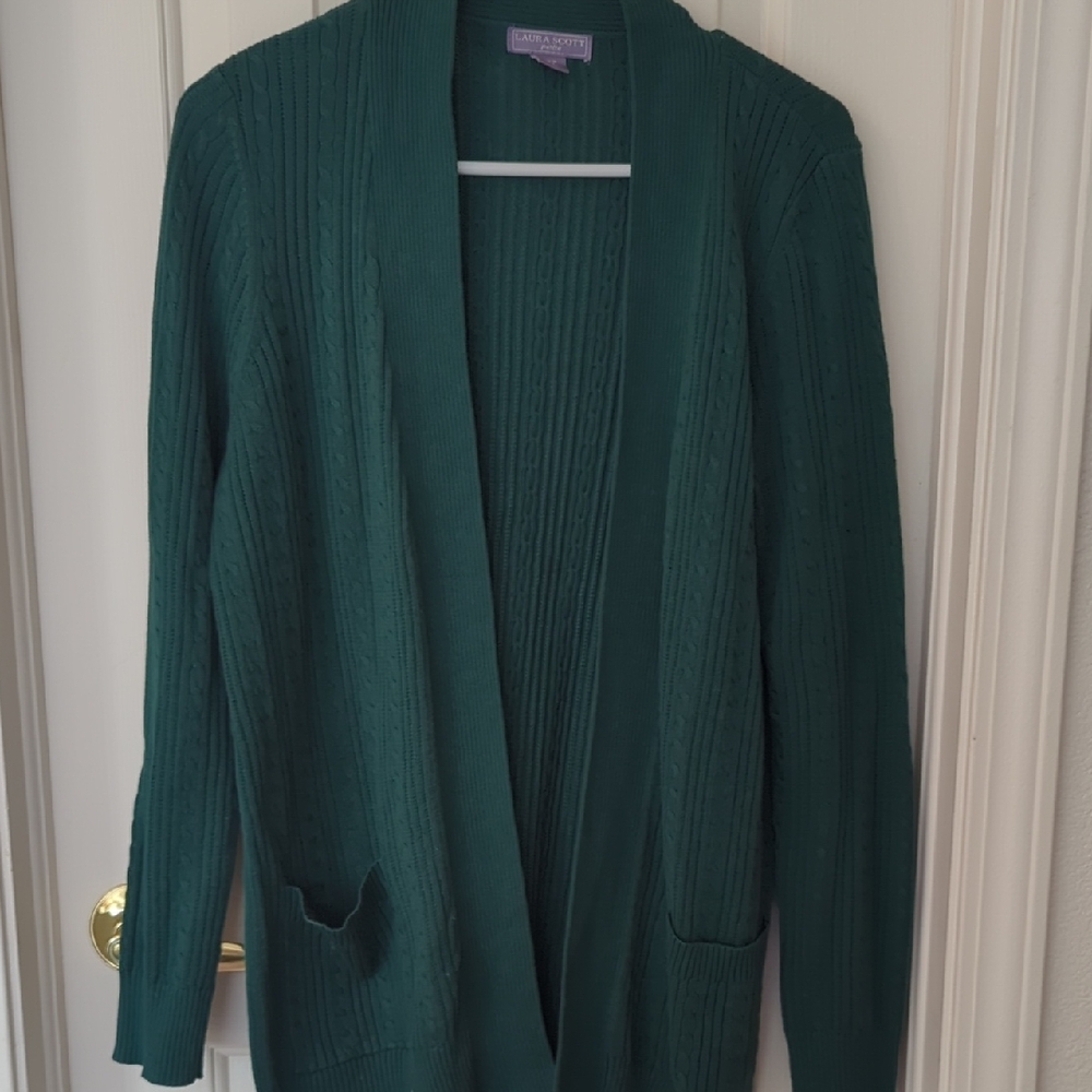 Laura Scott Green Open Front‎ Cardigan | Ribbed Knit Cozy Sweater | Size LP